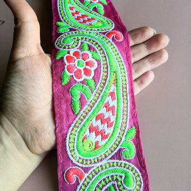 Blue / Pink Fabric Trim With Green, Pink And White Floral Embroidery, 68mm wide - 200317L510/11